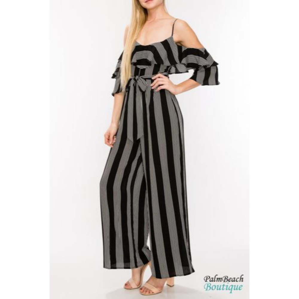 Cold Shoulder Jumpsuit-Black/White - Picture 2 of 3